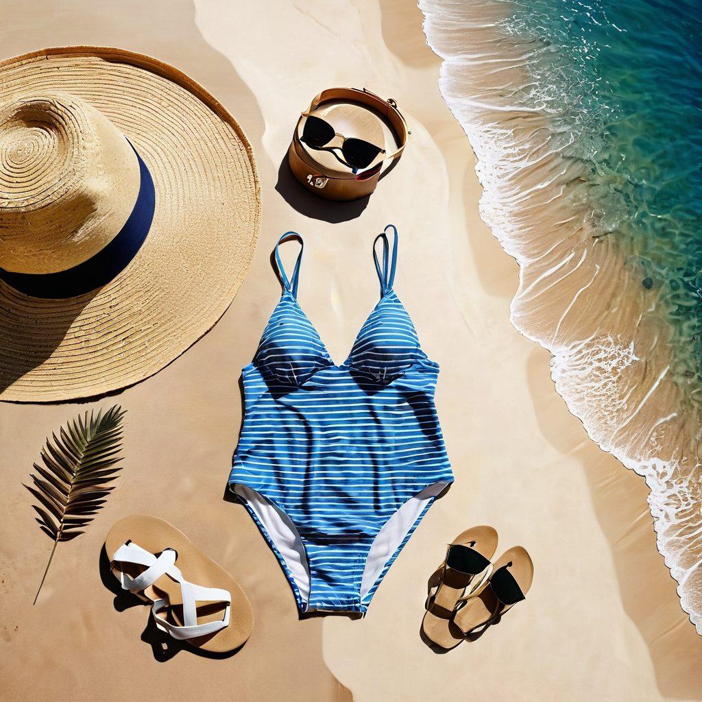 A picturesque beach scene featuring a variety of swimwear made from natural fibers, like cotton and linen, elegantly displayed on sand dunes. Include biodegradable beach accessories such as eco-friendly sunglasses and a straw hat beside a shimmering wave. The sky is bright blue with soft clouds, and the sun casts a warm glow over the setting, evoking a serene and environmentally conscious vibe. super-realistic. vibrant colors. 3D.