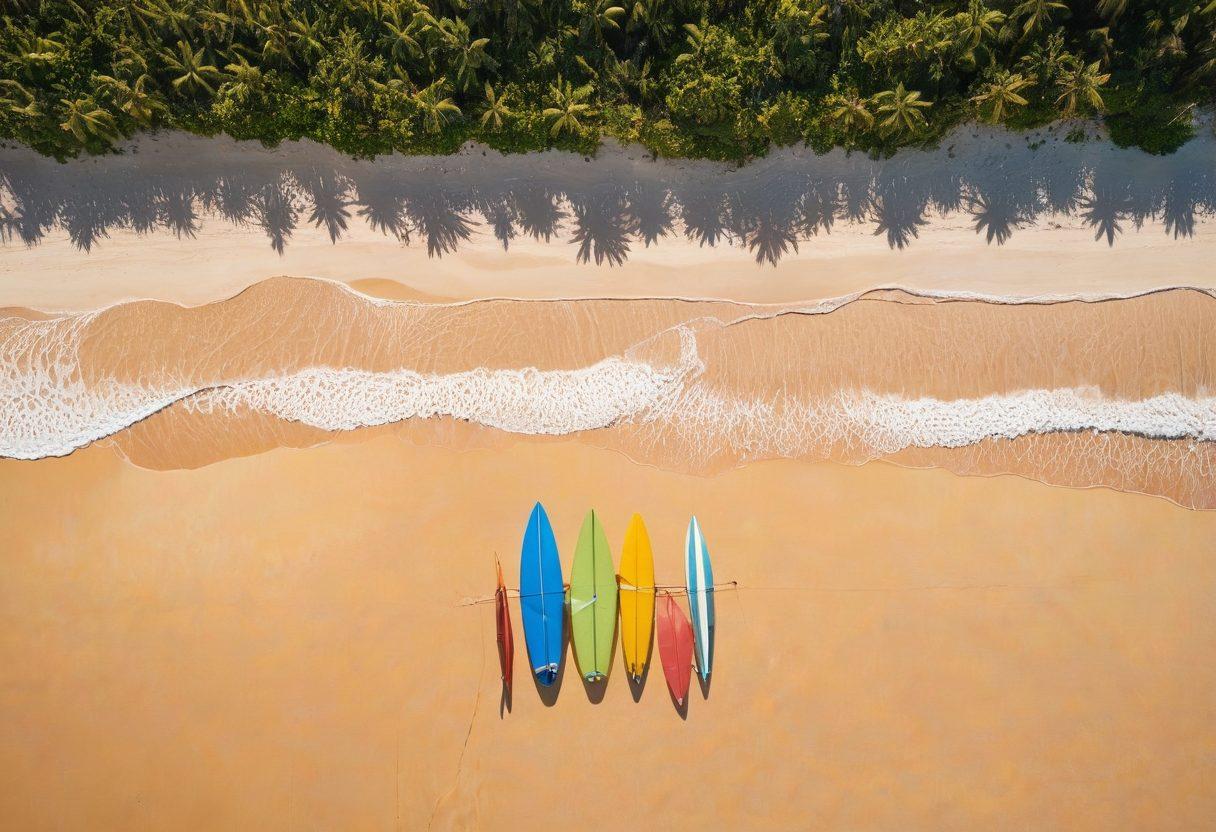 A vibrant beach scene featuring diverse eco-conscious vacationers wearing stylish, sustainable beachwear made from organic materials. Colorful beach umbrellas and surfboards are scattered around, with the ocean waves gently crashing in the background. Incorporate tropical plants and wildlife, emphasizing harmony with nature. The sun is shining brightly above, evoking a carefree summer vibe. vibrant colors. super-realistic.
